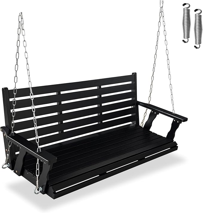 Wooden Porch Swing, Ergonomic Seat, Bench Swing with Hanging Chains and 7mm Springs, Heavy Duty 800 LBS, for Outdoor Patio Garden Yard (Carbon Black, 3-Seater Extra Large)