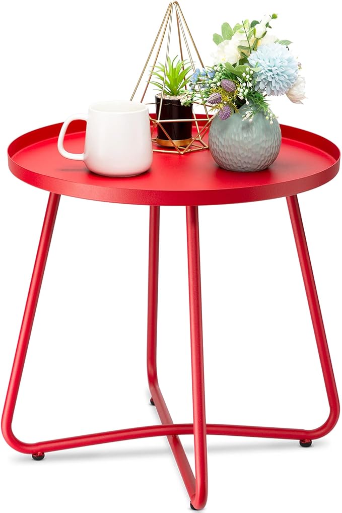 danpinera Outdoor Side Tables, Weather Resistant Steel Patio Side Table, Small Round Outdoor End Table Metal Side Table for Patio Yard Balcony Garden Bedside (Red)