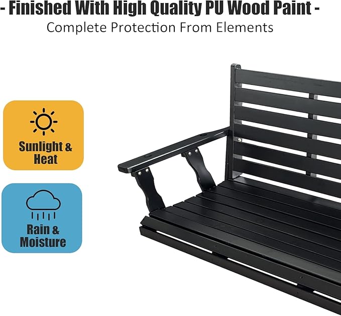 Wooden Porch Swing, Ergonomic Seat, Bench Swing with Hanging Chains and 7mm Springs, Heavy Duty 800 LBS, for Outdoor Patio Garden Yard (Carbon Black, 3-Seater Extra Large)