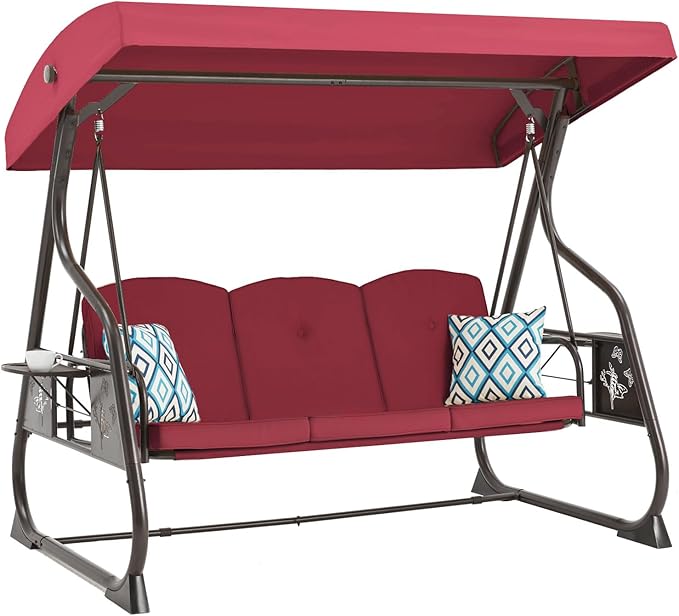 3-Seat Patio Porch Swing 800LBS Outdoor Swing with Stand w/Canopy & Adjustable Backrest Patio Glider Chair w/Removable Pillows & Foldable Side Tray for Balcony Garden Deck (Wine Red)