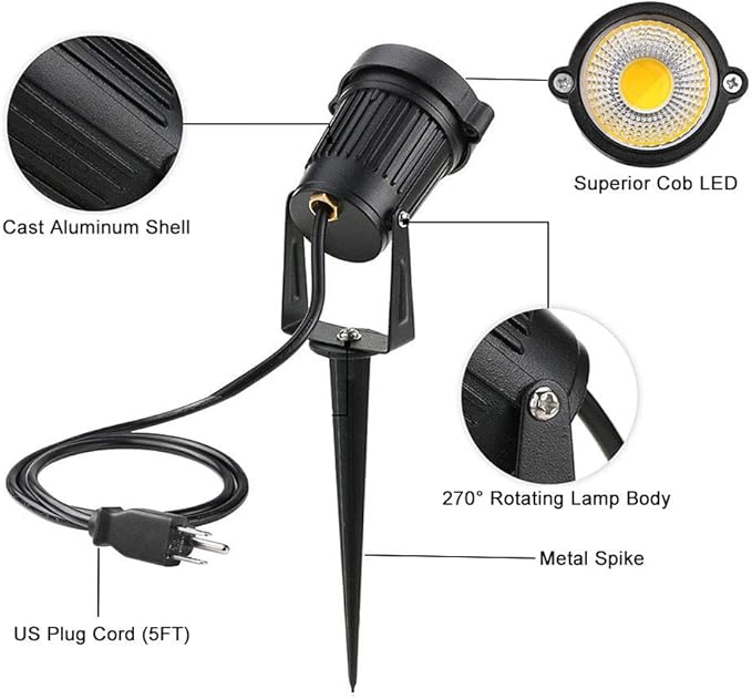 Romwish 120V Landscape Spotlights, Outdoor Landscape Lighting for Yard, 3000K Warm White Landscaping Lights with Stake, 5W IP65 Waterproof Flag Spotlight for House Garden Lawn Decorative (6 Pack)