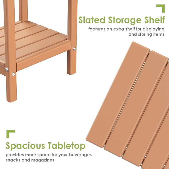 GREENVINES Adirondack-Outdoor-Side-Table | Set of 4 | 14 x 13 Inches | HDPE Plastic | All Weather | Teak | Outside End Tables | Storage Shelf | for Patio Porch Backyard Indoor