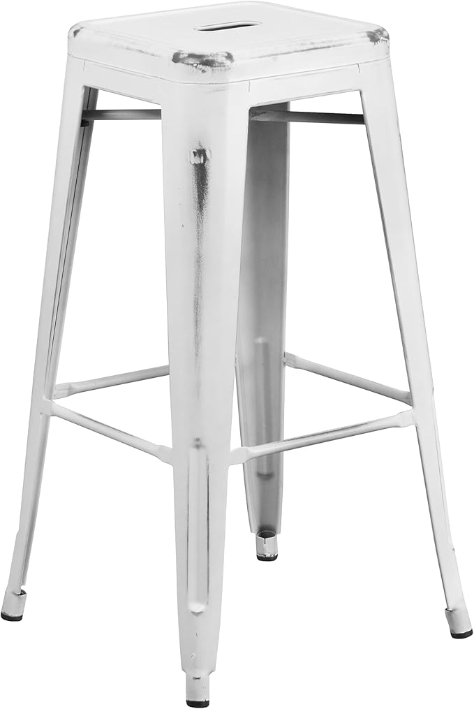 Flash Furniture Kai Commercial Grade 4 Pack 30" High Backless Distressed White Metal Indoor-Outdoor Barstool