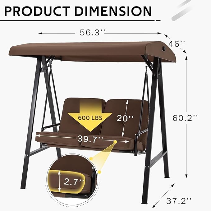 AECOJOY Outdoor Patio Swing Chair for Adults, 2-Seat Porch Swings with Adjustable Canopy, Outside Swing Bench with Removable Cushion, Suitable for Backyard, Garden, Yard, Poolside, Balcony