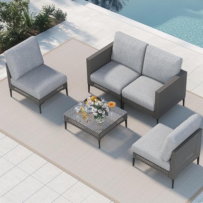 Outdoor Patio Sofa Conversation Set–Rattan 4 Seats Comfortable Couch for Garden, Yard, Weatherproof–Includes Glass Table, Armless Chairs, and Two-Seater Sofa