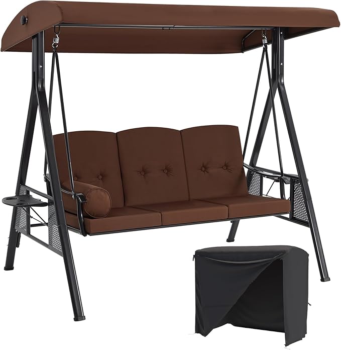 AECOJOY Outdoor Porch Swing with Cover, 3-Seat Patio Swings with Adjustable Canopy, Outside Swing for Adult with Brown Removable Cushions for Backyard, Garden, Yard, Poolside, Balcony