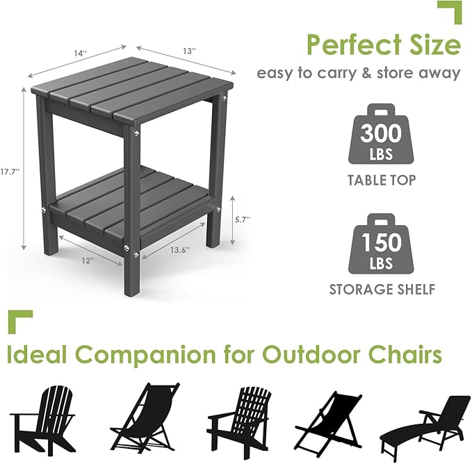 GREENVINES Adirondack-Outdoor-Side-Table | Set of 4 | 14 x 13 Inches | HDPE Plastic | All Weather | Grey | Outside End Tables | Storage Shelf | for Patio Porch Backyard Indoor