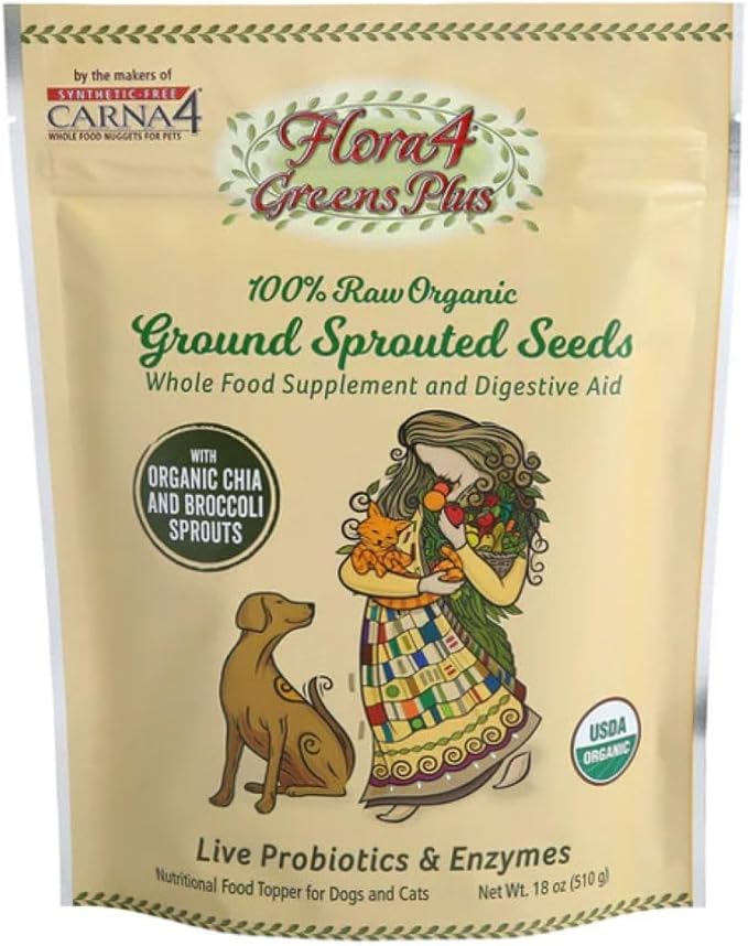 CARNA4 Flora4 Sprouted Seeds Food Topper for Dogs & Cats, Greens Plus Blend with Broccoli & Chia, Rich in Natural Probiotics & Digestive Enzymes, Synthetic-Free Whole Food Supplement 18oz