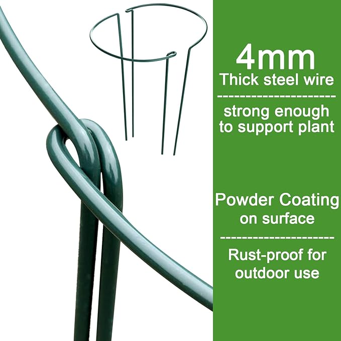 HiGift 16 Pack Plant Support Stakes, Half Round Metal Garden Plant Stake Indoor Peony Cages and Supports, Green Plant Support Ring Border for Tomato,Hydrangea,Flower Outdoor (10" Wide x 15.8" High)
