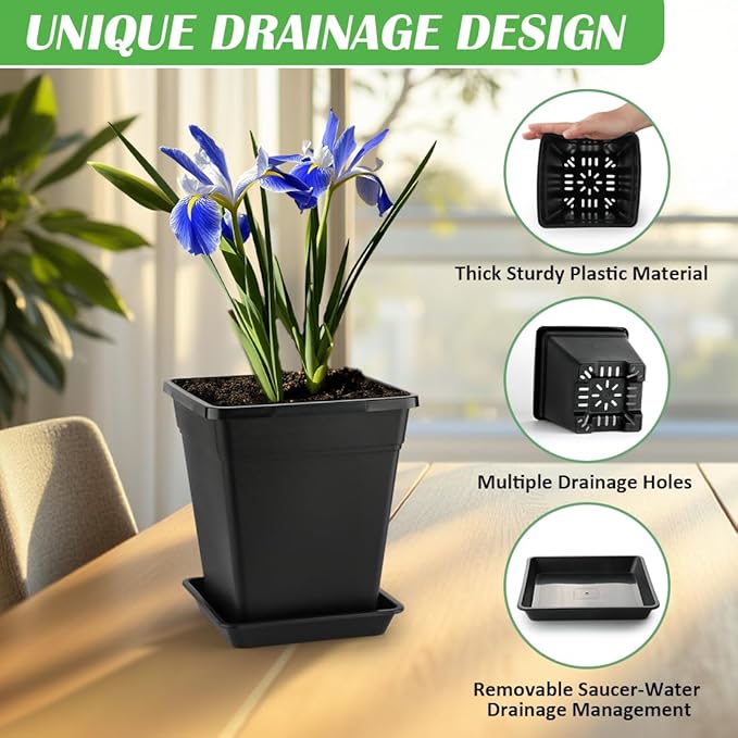 BTPLASTIK 9 Inch Square Planters for Indoor Plants, 8 Pack Large Plastic Plant Pot with Drainage & Saucer, 3 Gallon Modern Decorative Thick Outdoor Garden Container for Potted Plants