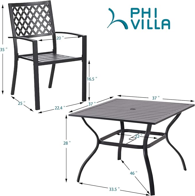 PHI VILLA 5 Pieces Outdoor Dining Set for 4, 37” Black Square Metal Table with Umbrella Hole & Stackable Wrought Iron Chairs, Outside Furniture Set for Patio, Deck, Yard, Porch
