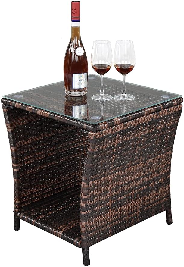 Wicker Rattan Side Table, Outdoor Square Rattan Coffee End Table with Tempered Glass Top and Storage for Patio Porch Lawn (Brown)