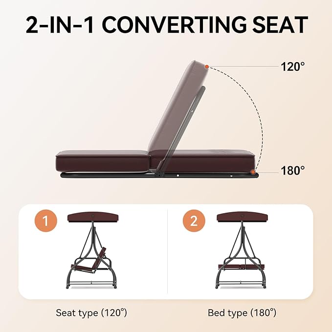 3-Seat Outdoor Patio Swing Glider - Heavy Duty Steel Frame with Adjustable Canopy & Removable Cushions - All Weather Porch Swings Chair for Backyard, Garden, Poolside - Brown