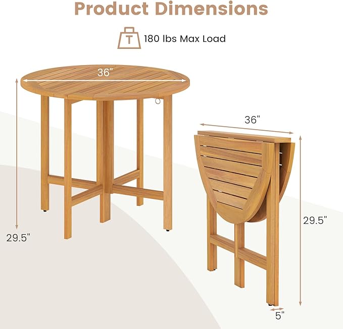 Tangkula 2 Pieces 36 Inches Outdoor Folding Round Dining Table, No Assembly Patio Acacia Wood Bistro Table with Slatted Tabletop, for Backyard, Porch, Balcony