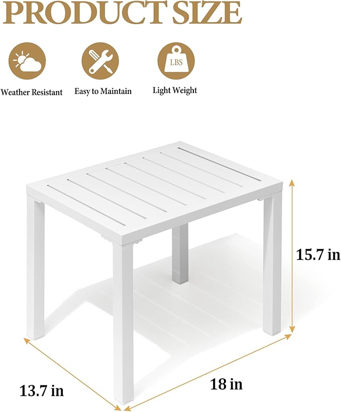 Crestlive Products Aluminum Outdoor Side Table,White Rectangular End Table,Easy Assembly Small Coffee Bistro Table for Patio Pool Balcony