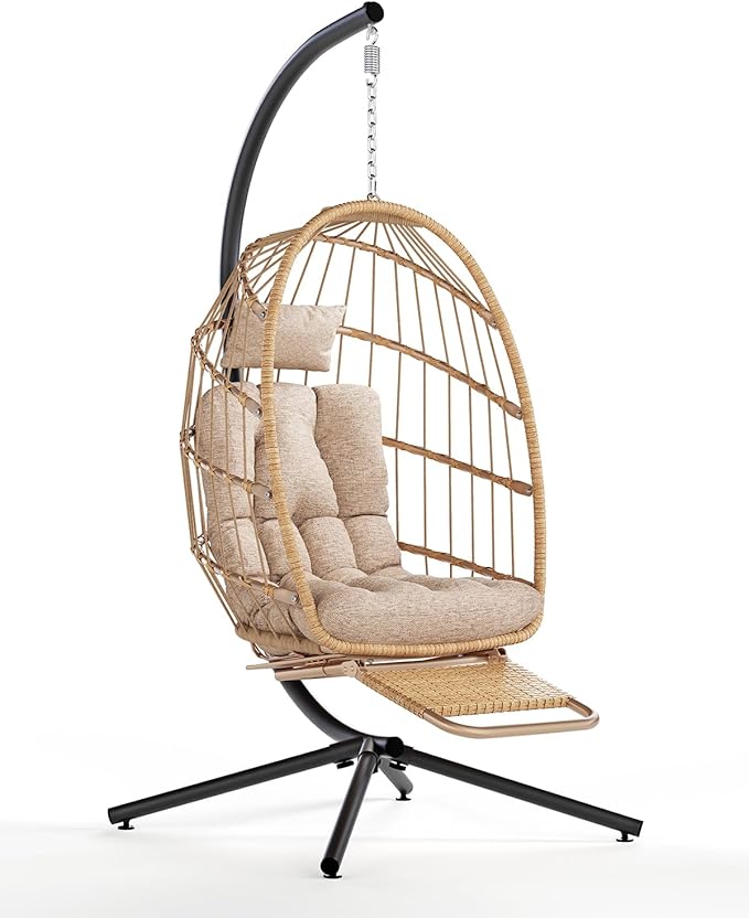 SWITTE Egg Chair Outdoor with Footrest & Stand, Indoor Wicker Hanging Egg Swing Chair with Cushion for Patio, Bedroom, Garden - Cream