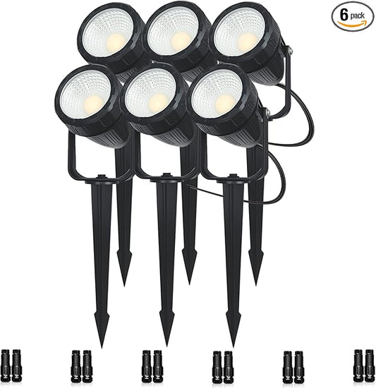Low Voltage Safety Landscape Lights Outdoor: 7W 840LM LED Landscape Lighting with Connectors & Transformer for Tree Garden Yard Pathway | 24V Warm Yellow 3000K Spotlights | IP65 Waterproof | 6 Pack
