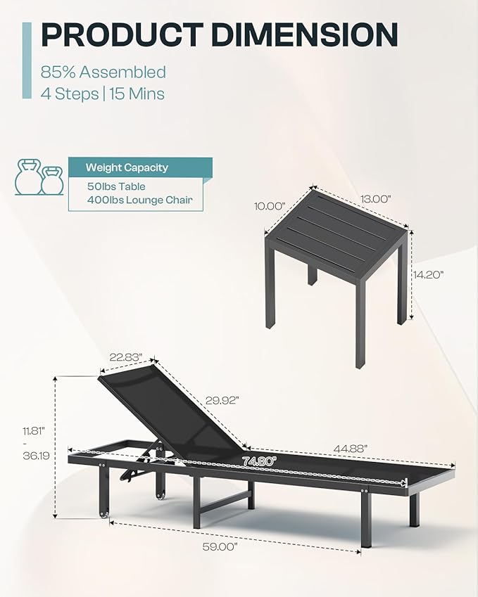 Aluminum Outdoor Lounge Chairs Set of 2, Pool Lounge Chairs with Wheels and 5-Position Recliner -Easy to Move- Patio Chaise Lounge Outdoor for Poolside, Deck, Beach (Black)
