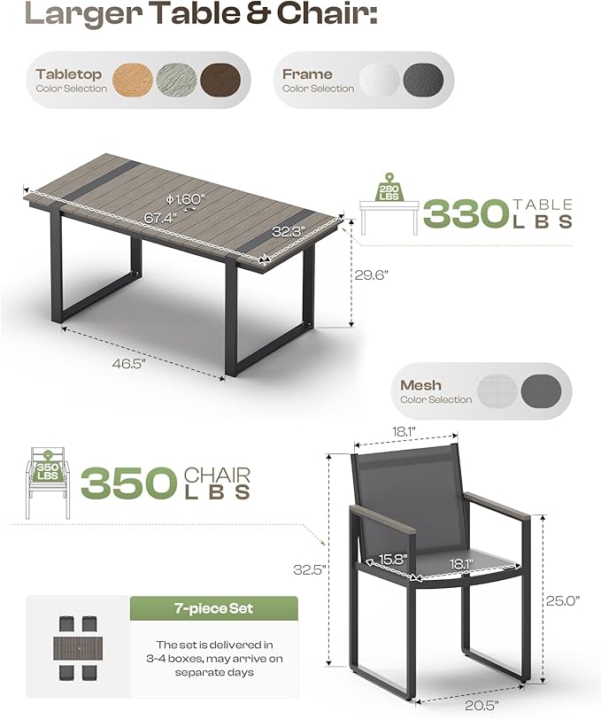 Outdoor Table and Chairs of 4, Patio Dining Sets, HDPS + Aluminum Outdoor Furniture Set with Umbrella Hole, Patio Dining Table Set (Gray)