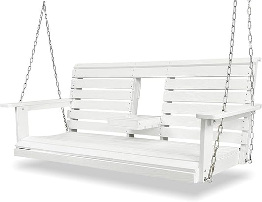 Poly Lumber 3-Seat Porch Swing, HIPS 5-Feet Bench Swing with Foldable Cup Holders,18/8 Stainless Steel Hardware, High Backrest and Deep Contoured Seat, Snow White