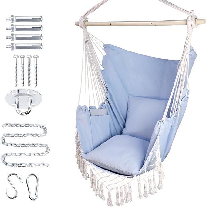 Hammock Chair Hanging Rope Swing Chair,Max 450 Lbs, Large Hanging Chair with Pocket, 2 Cushions, Steel Bar with Anti-Slip Rings, Hardware Kit Included, Comfortable for Indoor Outdoor (Blue)