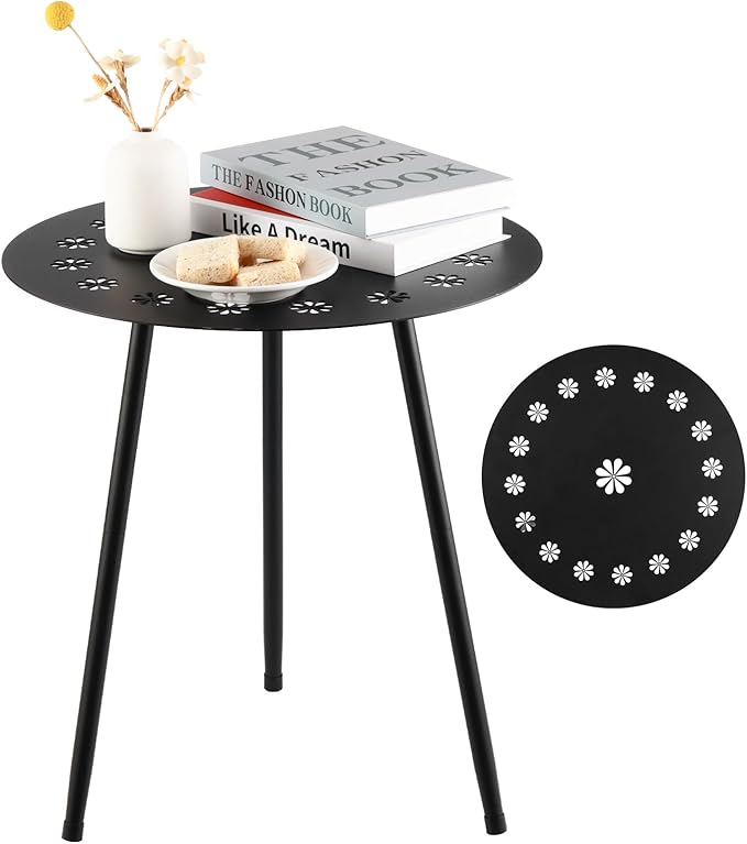 18 Inch Outdoor Side Table Patio Round Tables for Outside Black End Tables Small Coffee Table End Table Modern Metal Porch Plant Stands for Balcony, Indoor, Bedroom, Living Room, Small Spaces