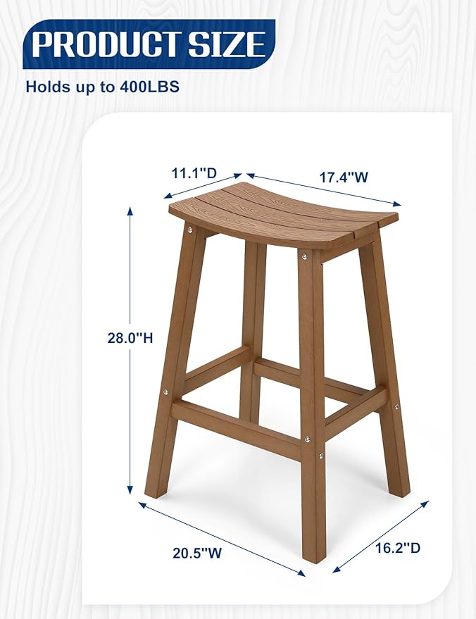 Weatherproof Bar Stools Set of 2, 28" Height Outdoor Bar Stools Holds up to 400 lbs, Saddle Seat, Bar Height Stools for Patio, Garden, and Kitchen Island, Teak