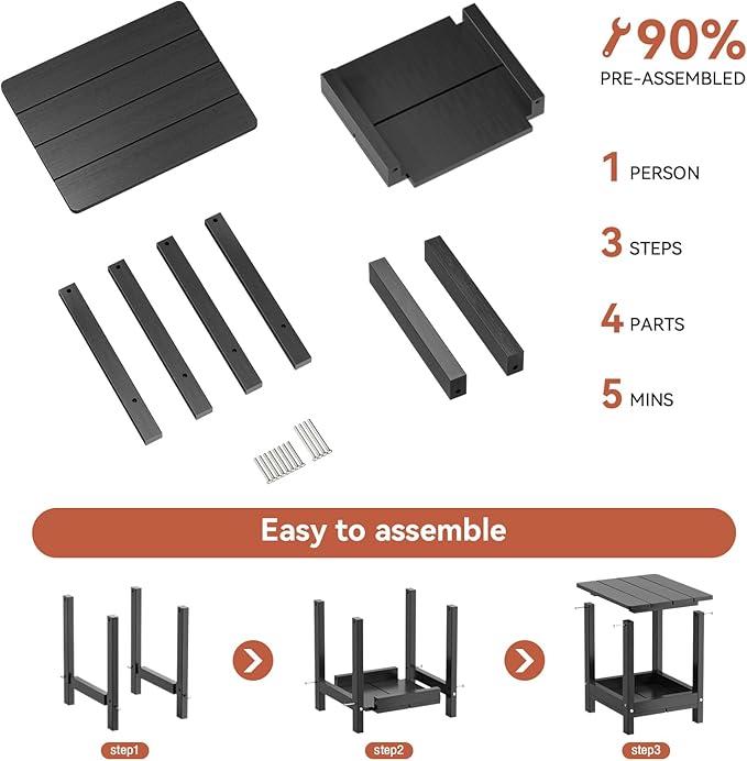 Adirondack Outdoor Side Table with 2 Layer Storage Small Adirondack Square Side Tables for Outside Weather Resistant Patio End Table for Pool, Backyard, Indoor Companion, Front Porch, Black