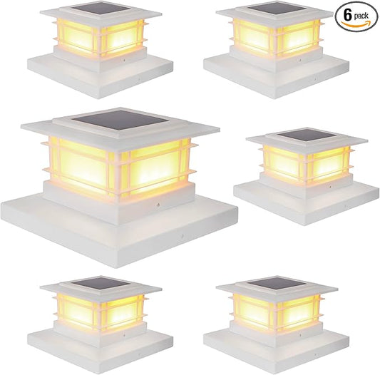 Dynaming 6 Pack Solar Post Cap Lights Outdoor, White Shell Fence Post Solar Lights Fit for 4x4 5x5 Vinyl/Wooden Posts, High Brightness Warm White SMD LED Lighting Decor for Garden Deck Patio