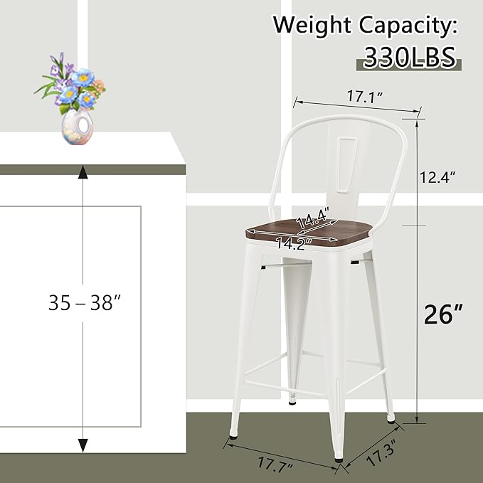 Yongqiang 26 inch Metal Bar Stools Set of 4 Farmhouse Kitchen Island Counter Height Bar Chairs High Back Barstools with Large Wooden Seat Cream White