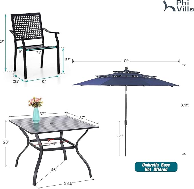 PHI VILLA 5 Pieces Outdoor Dining Set for 4 with 10ft Umbrella, 37" Metal Square Table & Stackable Wrought Iron Chair with Cushions & Blue Umbrella, Modern Furniture Set for Patio, Deck, Yard, Porch