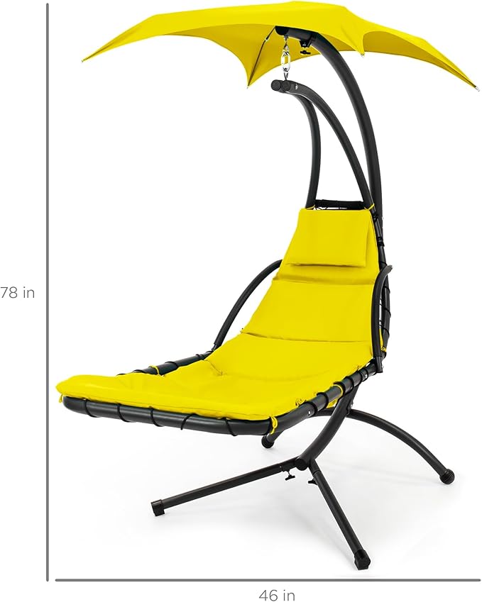 Best Choice Products Outdoor Hanging Curved Steel Chaise Lounge Chair Swing w/Built-in Pillow and Removable Canopy - Yellow