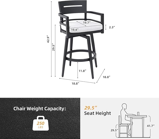 Modern Outdoor Bar Stools Set of 2 Swivel Patio Bar Chairs with 360° Rotation and Cushion with Sunbrella Fabric Weather-Resistant Aluminum Frame Patio Bar Stool for Deck Garden