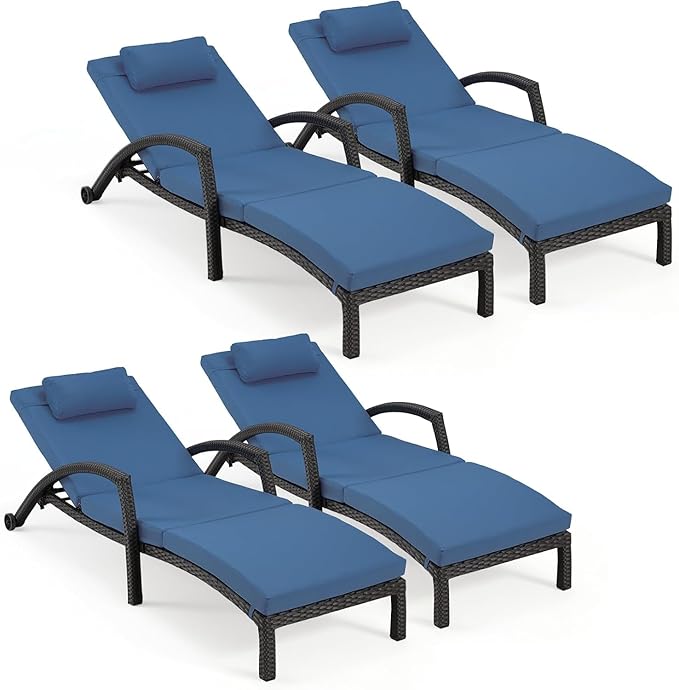 HOMREST Chaise Lounge Chairs Set of 4, PE Rattan Wicker Recliner, Patio Lounge Chair with Adjustable 5 Position Arm & Wheels for Poolside Backyard Deck Porch,Dark Blue