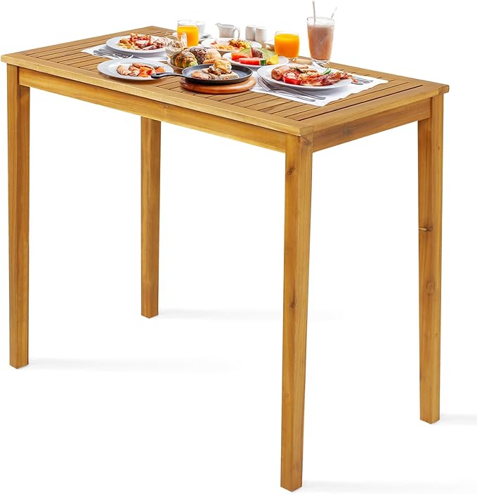 Tangkula Outdoor Acacia Wood Bar Table, 45” Rectangular Bar Height Farmhouse Rustic Dining Table with Slatted Tabletop, for Patio Porch Garden Deck, Teak Finish