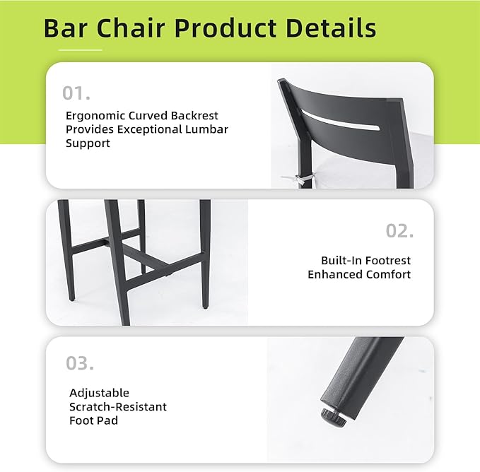 Modern Outdoor Bar Stools Set of 2 Aluminum Tall Patio Chairs with Ergonomic Backrest with Sunbrella Fabric Cushion Weather-Resistant Frame for Garden Poolside