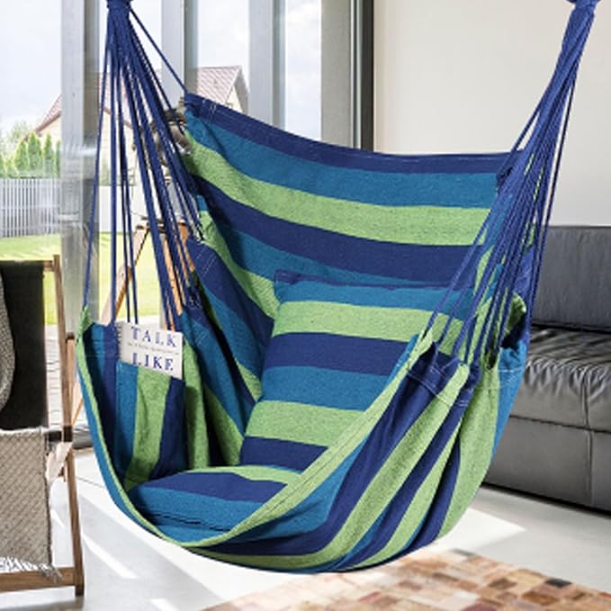 Goutime Hammock Chair, Boho Hanging Rope Ceiling Swing, Macrame Hanging Swinging Chair for Indoor,Outdoor,Bedroom,Outside,Garden,Balcony,Yard,Deck,Max 330 Lbs,Blue and Green