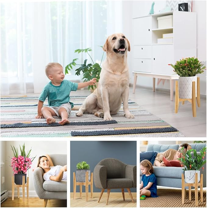 OERGKE 2 PACK Adjustable Plant Stand Indoor, Bamboo Mid Century Modern Plants Stands, Corner Flower Holder for Living Room, Fits 8 to 12 Inches Pots, (Pot & Plant Not Included)(Nature)