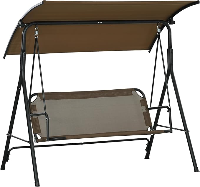 Outsunny 3-Person Porch Swing with Stand, Outdoor Swing for Patio Porch with Adjustable Tilt Canopy and Comfortable Swing Bench-Style Seat, Steel Frame, Brown