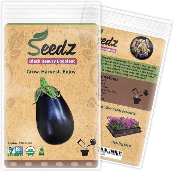 Organic Eggplant Seeds, APPR. 100, Black Beauty Eggplant, Heirloom Vegetable Seeds, Certified Organic, Non GMO, Non Hybrid, USA