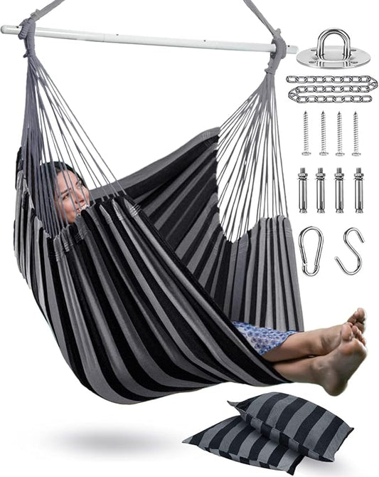 XXL Hammock Chair Hanging Rope Swing with 2 Cushions - Max 500lbs-Perfect for Patio, Porch, Bedroom, Backyard, Indoor or Outdoor - Includes Hanging Hardware Kits