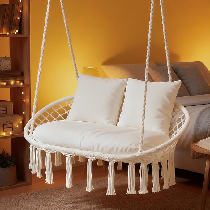 MoNiBloom Double Swing Chair with 3 Cushions for Outside, Large Hanging Macrame Swing Chair for Indoor/Outdoor Relax, Adult Hammock Boho Chair Max 700 lbs Capacity for Porch Balcony Backyard, Beige
