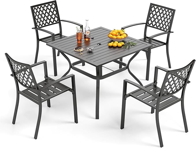 PHI VILLA 5 Pieces Outdoor Dining Set for 4, 37” Black Square Metal Table with Umbrella Hole & Stackable Wrought Iron Chairs, Outside Furniture Set for Patio, Deck, Yard, Porch