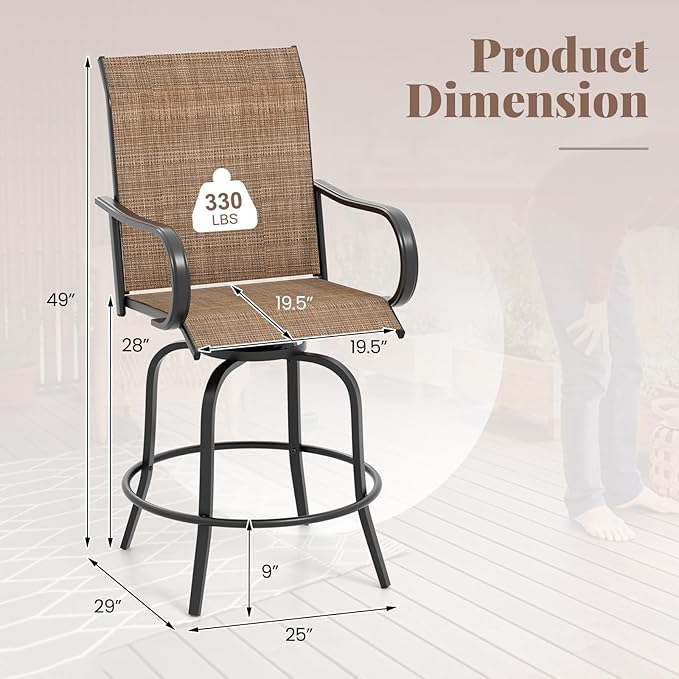 Giantex Set of 2 Swivel Outdoor Bar Stools, All-Weather Bar Height Patio Chairs, 330LBS Capacity, 360 Rotating Outside Bar Chairs with High Back Armrests, for Porch Yard Lawn Garden Pool (Brown)