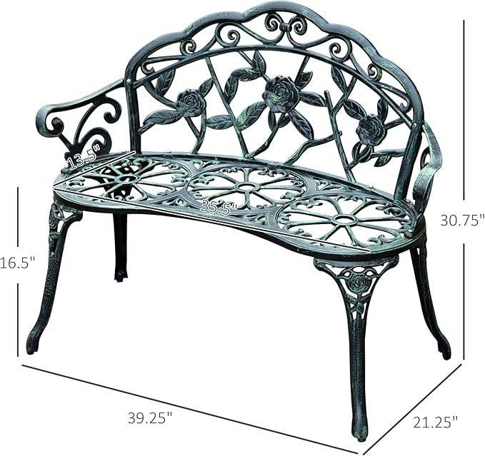Outsunny Outdoor Bench, Cast Aluminum Outdoor Furniture, Metal Bench with Floral Rose Accent & Antique Finish, Green