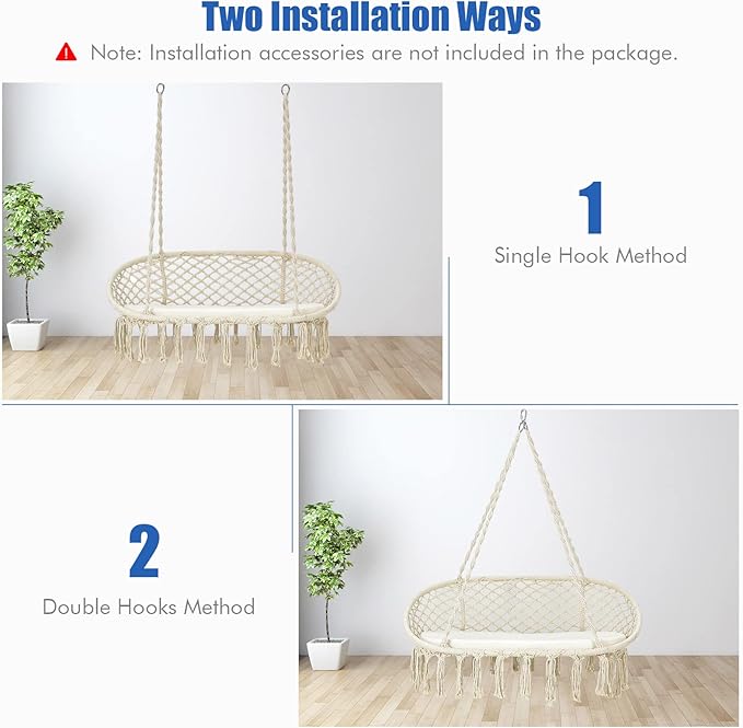 Giantex Hammock Chair 2 Seat, Macrame Hanging Chair with Cushion, Hanging Cotton Ropes, Metal Frame, 440 lbs Capacity Indoor Swing for Hammock Stand, Patio, Balcony, Living Room Hammock Swing