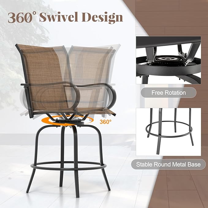 Giantex Set of 2 Swivel Outdoor Bar Stools, All-Weather Bar Height Patio Chairs, 330LBS Capacity, 360 Rotating Outside Bar Chairs with High Back Armrests, for Porch Yard Lawn Garden Pool (Brown)