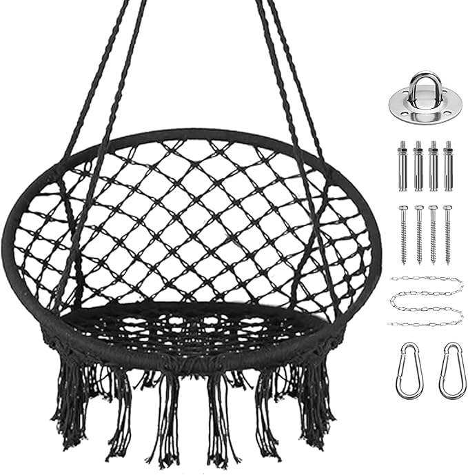 Goutime Hammock Chair, Macrame Hanging Indoor Swing Chairs with Hardware Kit,Adult Boho Swinging Swings for Outside,Patio,Balcony,Bedroom (Black (Pillows are not Included))