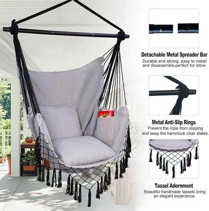 Hammock Chair Hanging Rope Swing Chair,Max 450 Lbs, Large Hanging Chair with Pocket, 2 Cushions, Removable Steel Bar, Hardware Kit Included, Superior Comfort for Indoor Outdoor (Light Grey)