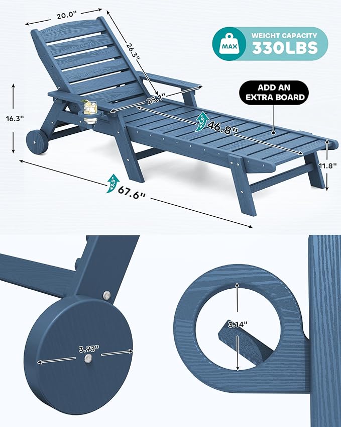 SERWALL Patio Chaise Lounge Chair Set of 4, 5 Positions Adjustable Poly Outdoor Lounger for Pool, HDPE Lounge Chair with Rolling Wheels & Cup Holder for Poolside, Deck, Blue
